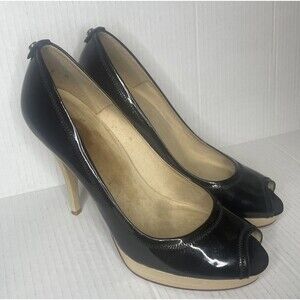 Stuart Weitzman Pump Black 8 Avignon Patent Leather‎ Peep Toe Wood Platform Logo